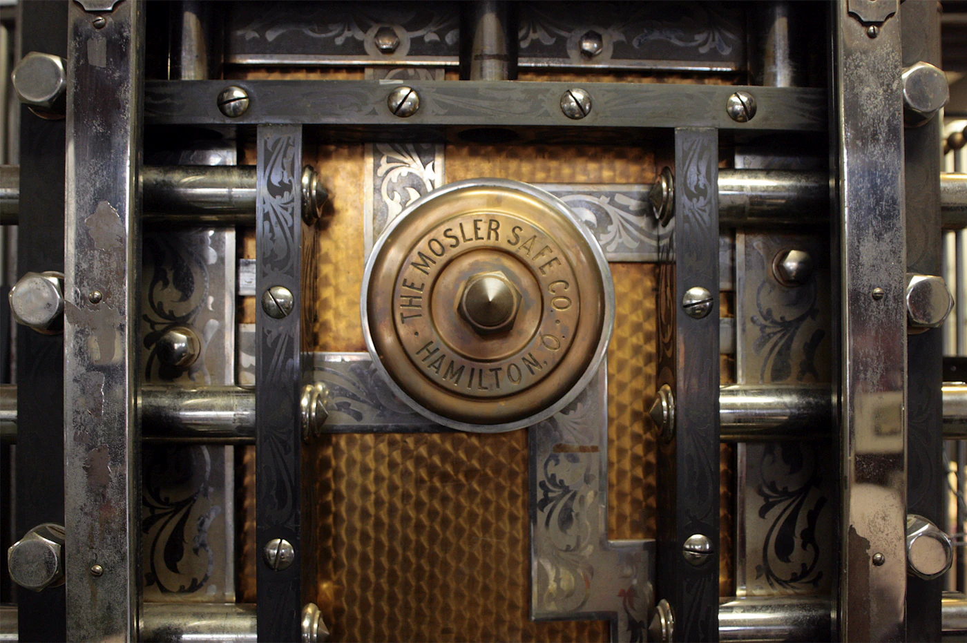 Mechanical locking bars and dial on a historic bank vault